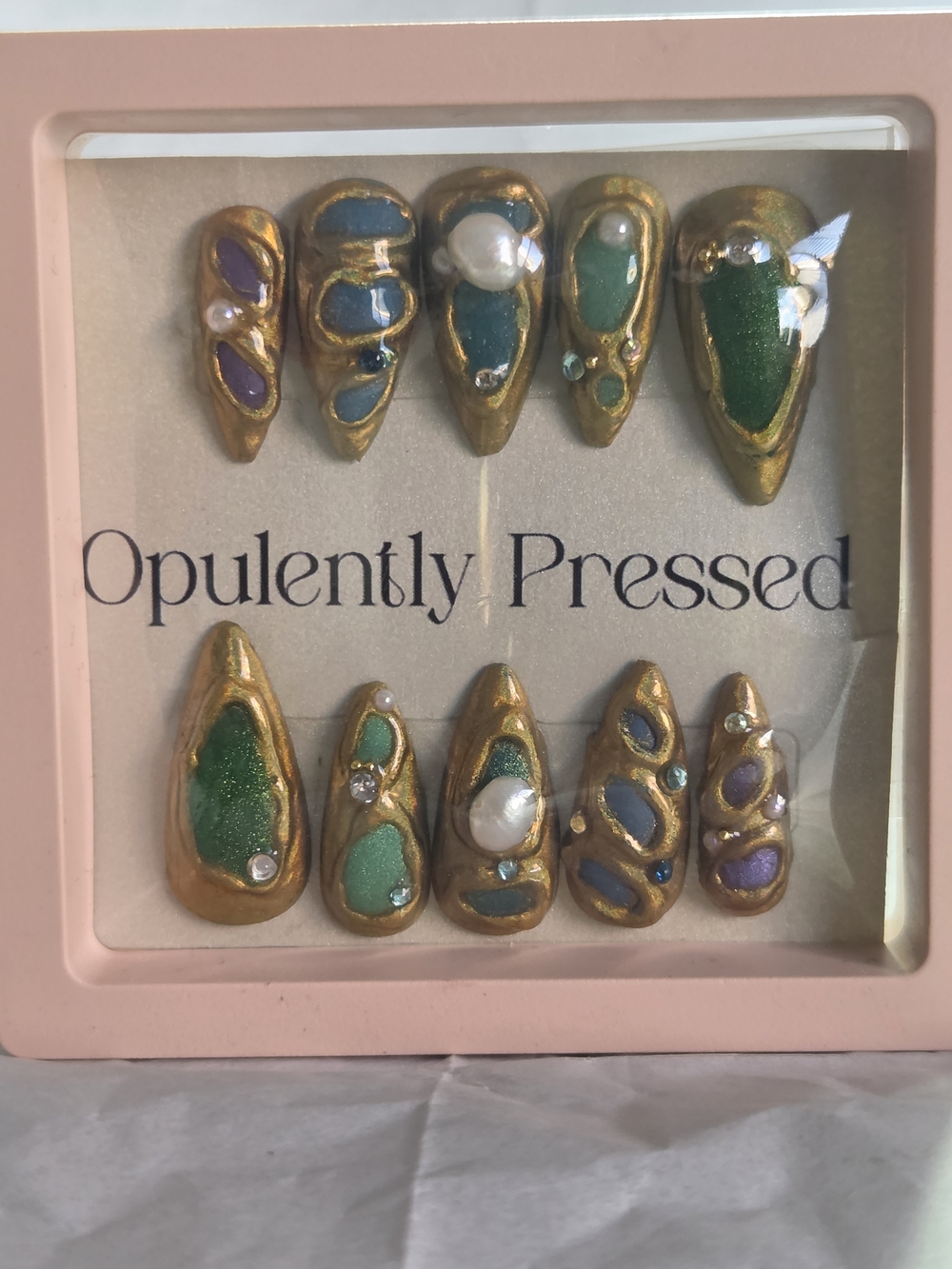 Gold-Tone Green & Lavender Press-On Nail Set